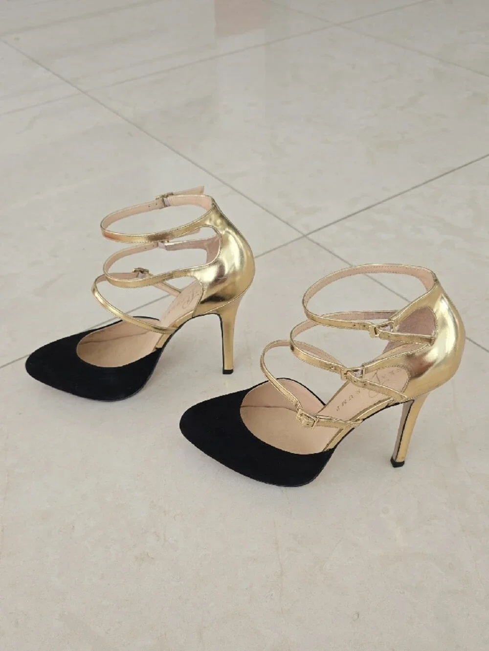 Ivanka Trump Brynn Pump - Black Suede and Gold Multi-Strap Pointed-Toe - 7.5